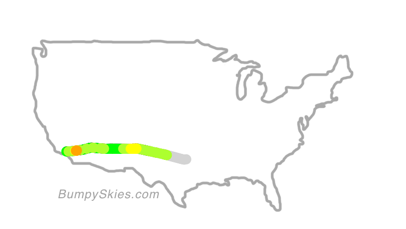 Map of continental US with illustrated flight path and turbulence forecast (described in text below)