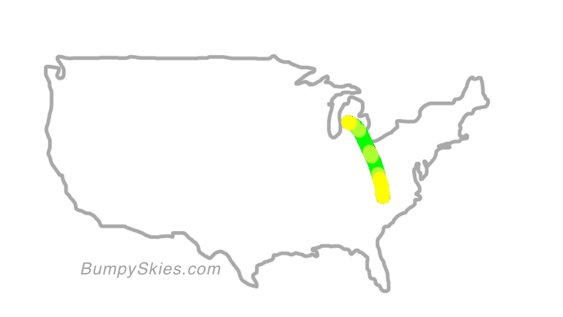 Map of continental US with illustrated flight path and turbulence forecast (described in text below)