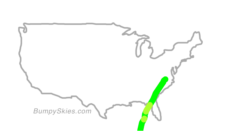 Map of continental US with illustrated flight path and turbulence forecast (described in text below)