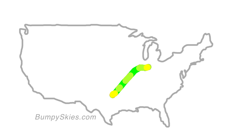 Map of continental US with illustrated flight path and turbulence forecast (described in text below)