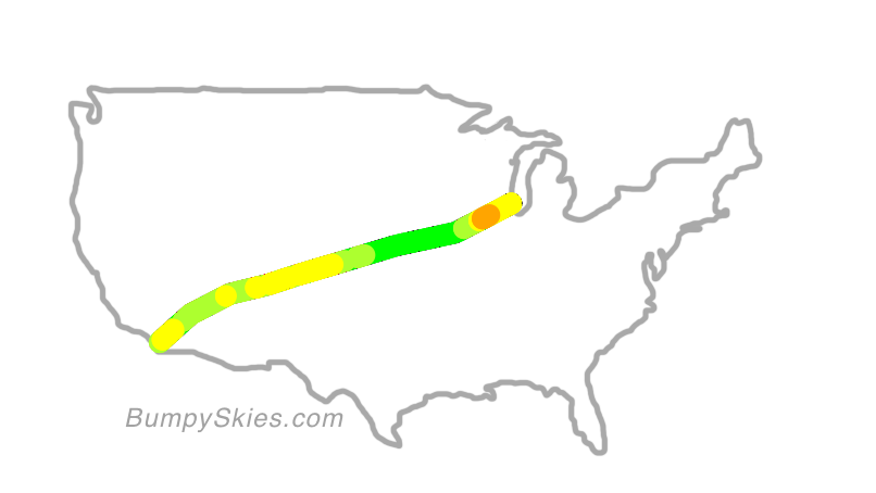 Map of continental US with illustrated flight path and turbulence forecast (described in text below)