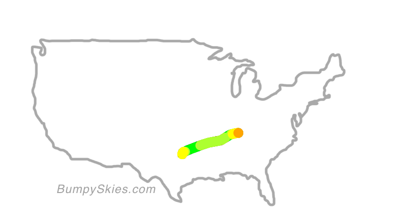 Map of continental US with illustrated flight path and turbulence forecast (described in text below)