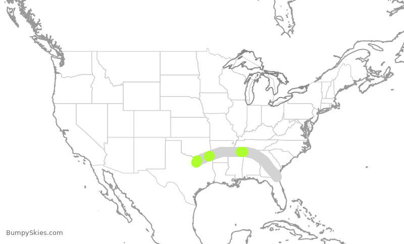 Turbulence forecast map for AAL2789, JAX to DFW