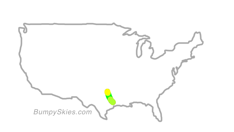 Map of continental US with illustrated flight path and turbulence forecast (described in text below)