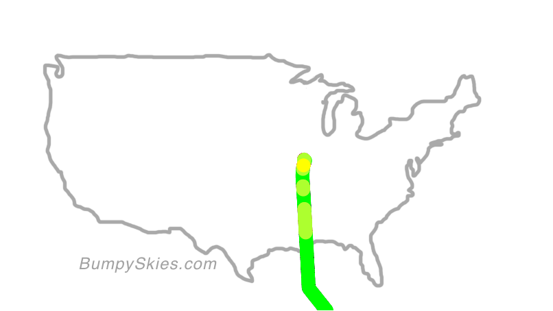 Map of continental US with illustrated flight path and turbulence forecast (described in text below)