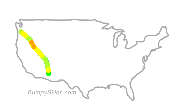 Map of continental US with illustrated flight path and turbulence forecast (described in text below)