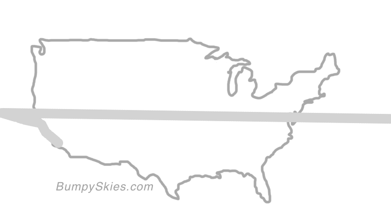 Map of continental US with illustrated flight path and turbulence forecast (described in text below)