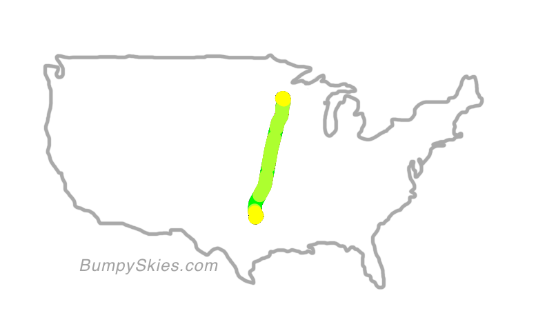 Map of continental US with illustrated flight path and turbulence forecast (described in text below)