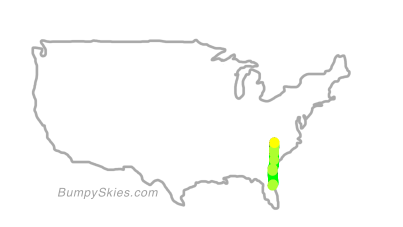Map of continental US with illustrated flight path and turbulence forecast (described in text below)