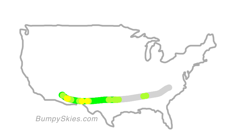 Map of continental US with illustrated flight path and turbulence forecast (described in text below)