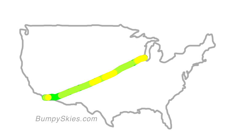 Map of continental US with illustrated flight path and turbulence forecast (described in text below)