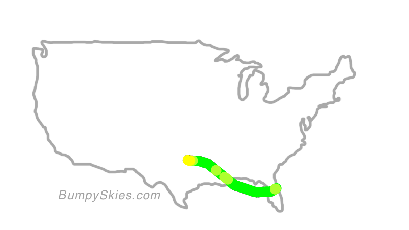 Map of continental US with illustrated flight path and turbulence forecast (described in text below)