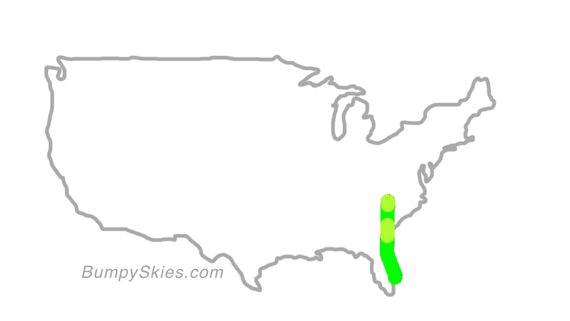 Map of continental US with illustrated flight path and turbulence forecast (described in text below)