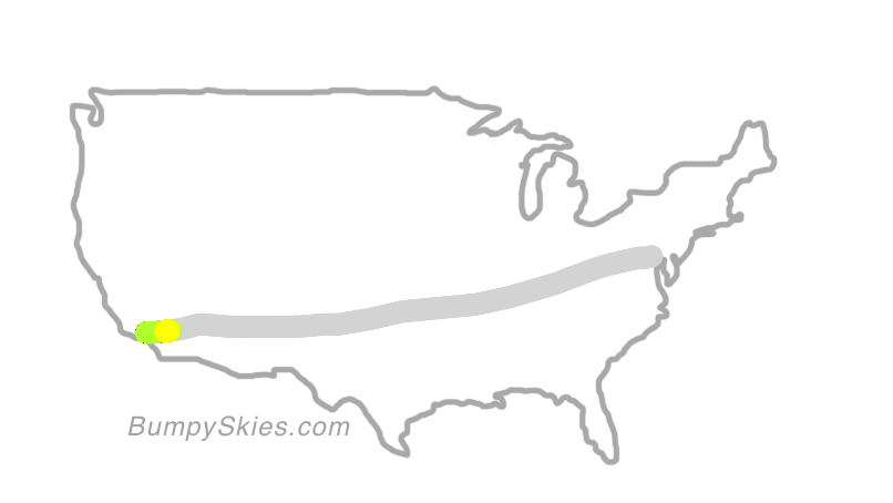 Map of continental US with illustrated flight path and turbulence forecast (described in text below)