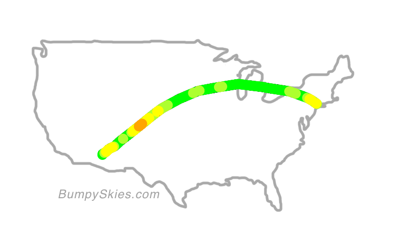 Map of continental US with illustrated flight path and turbulence forecast (described in text below)