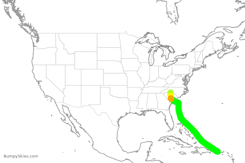 Turbulence forecast map for AAL2830, CLT to SJU