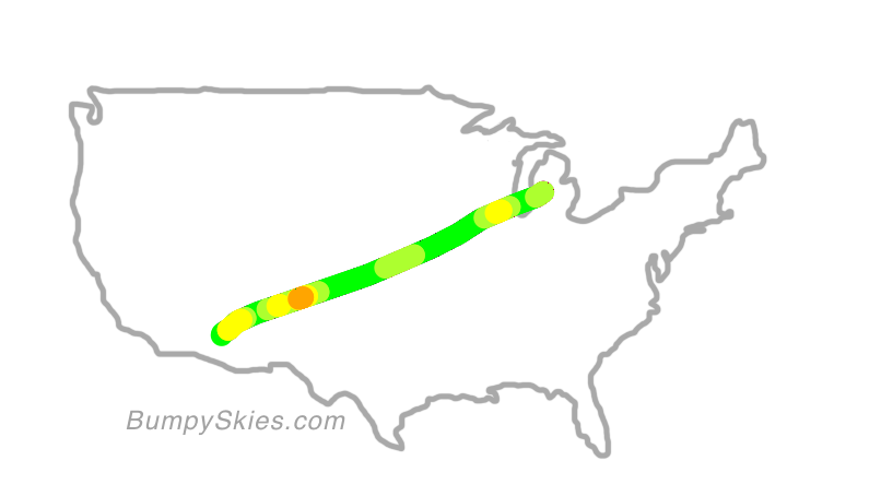 Map of continental US with illustrated flight path and turbulence forecast (described in text below)