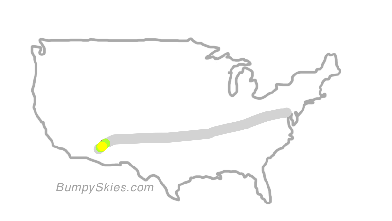 Map of continental US with illustrated flight path and turbulence forecast (described in text below)