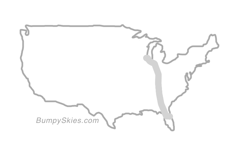 Map of continental US with illustrated flight path and turbulence forecast (described in text below)
