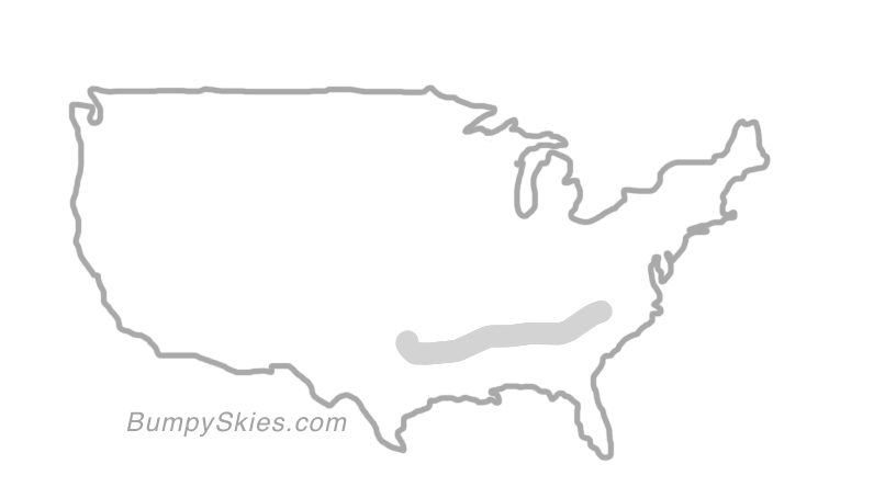 Map of continental US with illustrated flight path and turbulence forecast (described in text below)