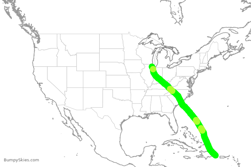 Turbulence forecast map for AAL2841, ORD to DPC