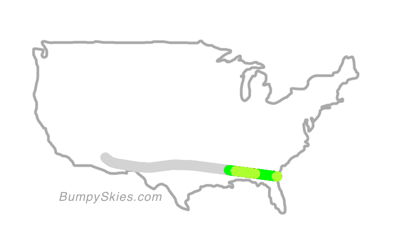 Map of continental US with illustrated flight path and turbulence forecast (described in text below)