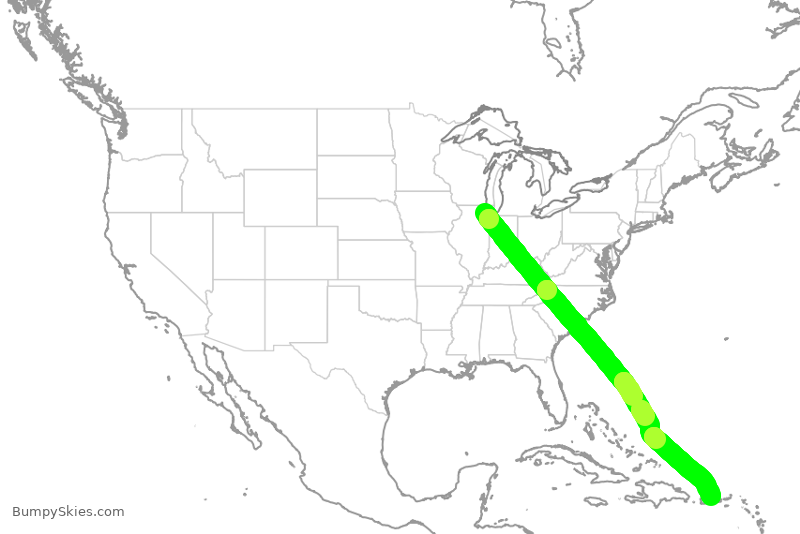 Turbulence forecast map for AAL2845, ORD to JSJ