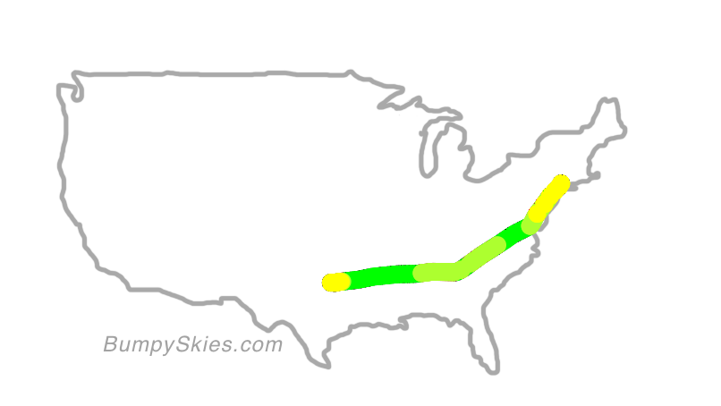 Map of continental US with illustrated flight path and turbulence forecast (described in text below)