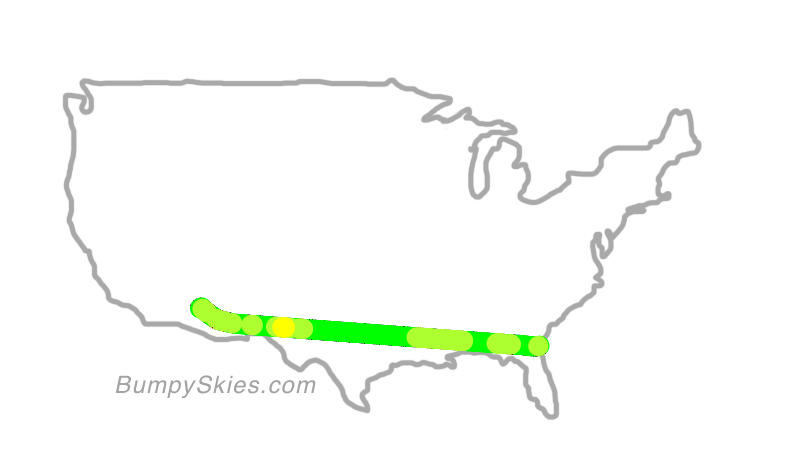 Map of continental US with illustrated flight path and turbulence forecast (described in text below)