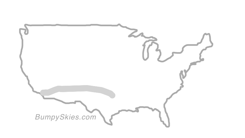 Map of continental US with illustrated flight path and turbulence forecast (described in text below)