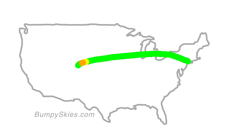 Map of continental US with illustrated flight path and turbulence forecast (described in text below)
