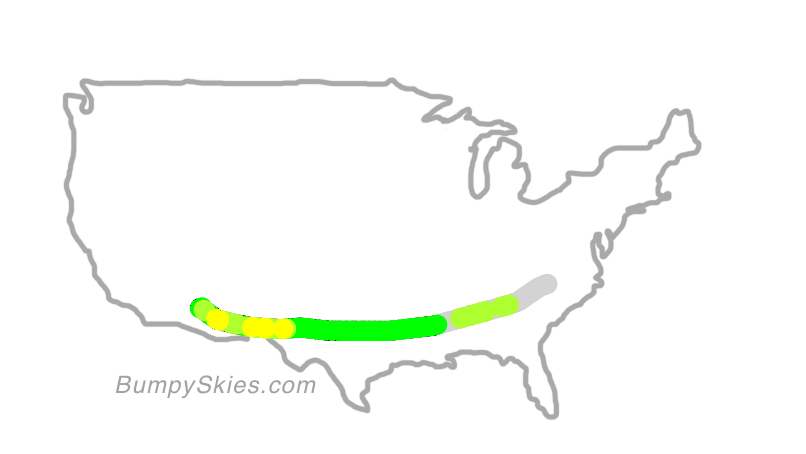 Map of continental US with illustrated flight path and turbulence forecast (described in text below)