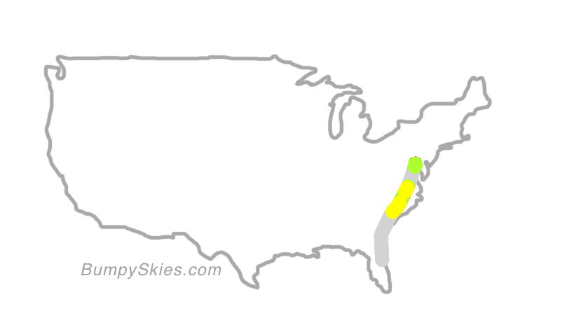 Map of continental US with illustrated flight path and turbulence forecast (described in text below)
