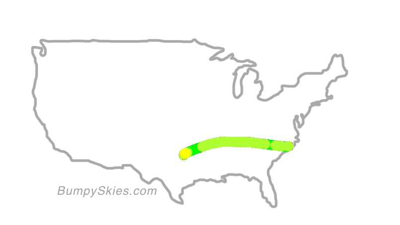 Map of continental US with illustrated flight path and turbulence forecast (described in text below)