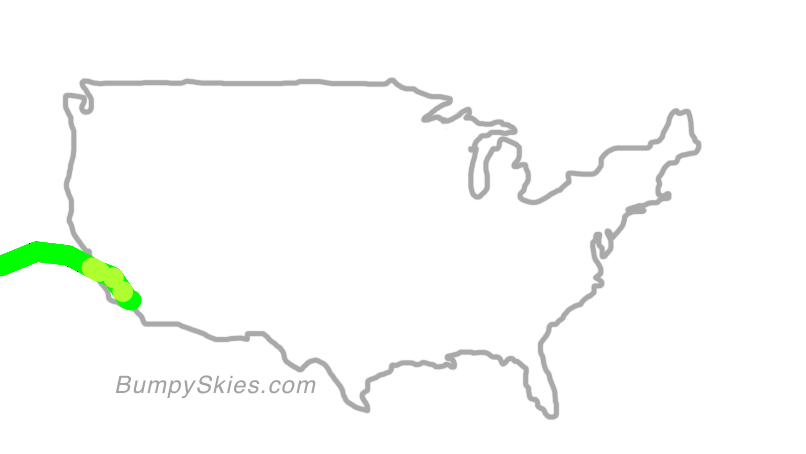 Map of continental US with illustrated flight path and turbulence forecast (described in text below)