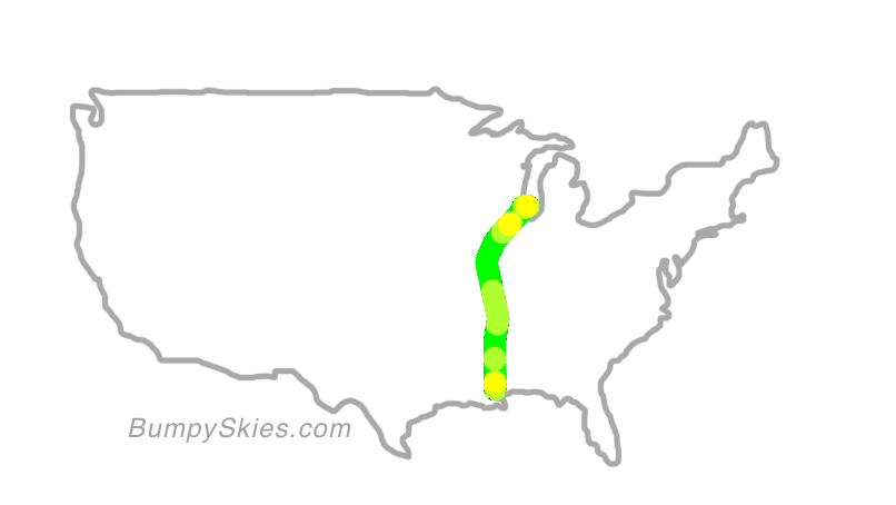 Map of continental US with illustrated flight path and turbulence forecast (described in text below)