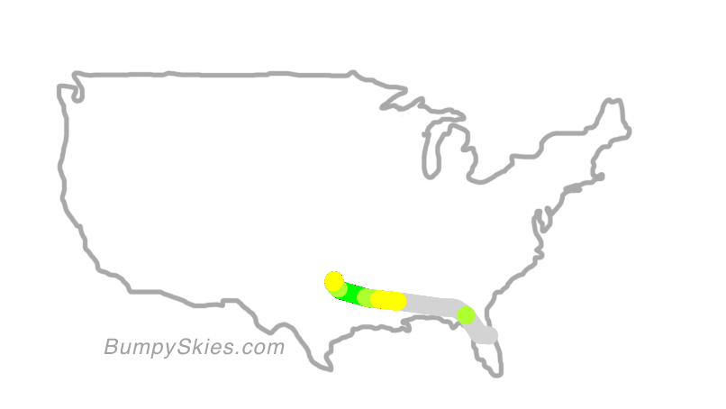 Map of continental US with illustrated flight path and turbulence forecast (described in text below)