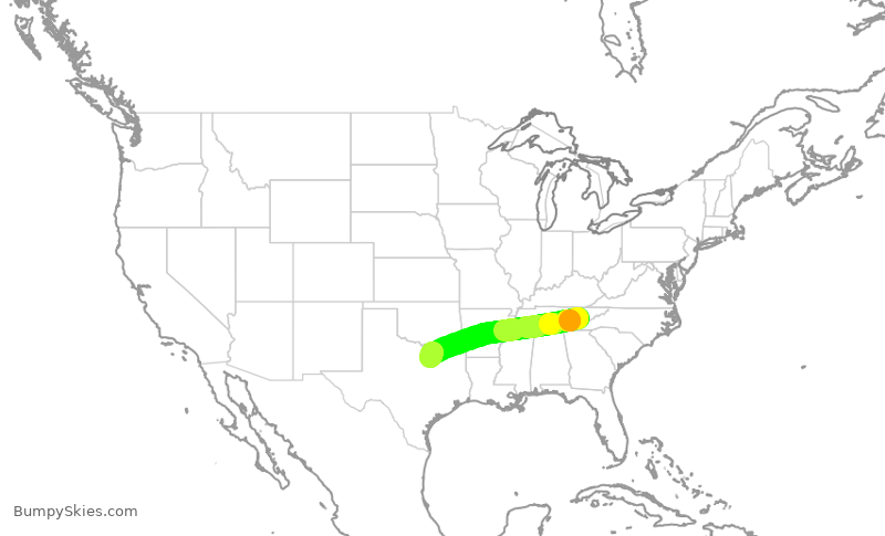 Turbulence forecast map for AAL2873, TYS to DFW