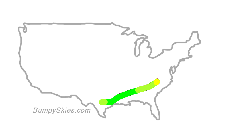 Map of continental US with illustrated flight path and turbulence forecast (described in text below)