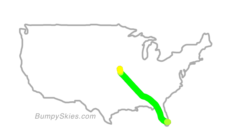 Map of continental US with illustrated flight path and turbulence forecast (described in text below)