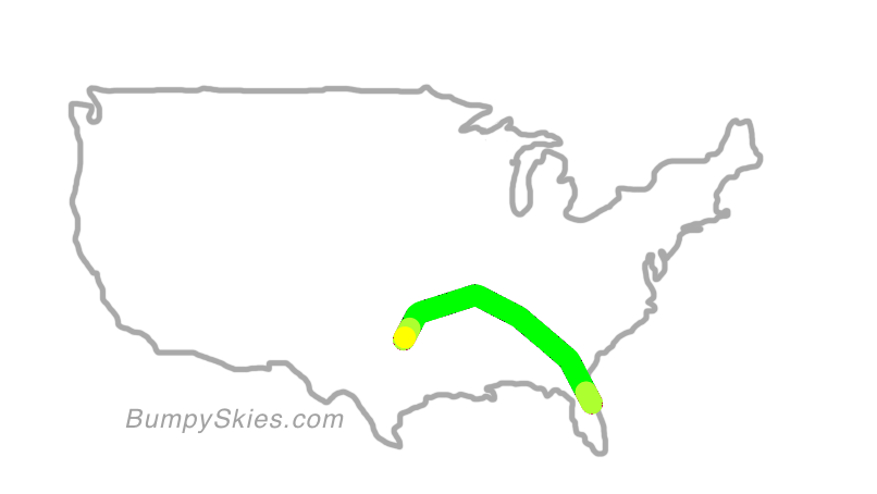 Map of continental US with illustrated flight path and turbulence forecast (described in text below)