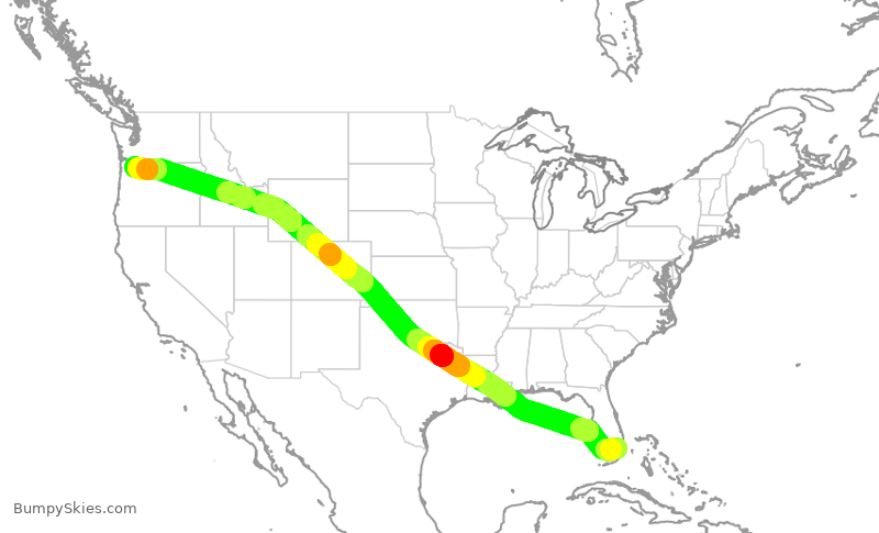 Turbulence forecast map for AAL2888, MIA to PDX