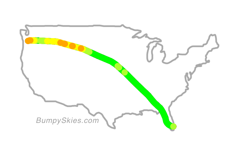 Map of continental US with illustrated flight path and turbulence forecast (described in text below)