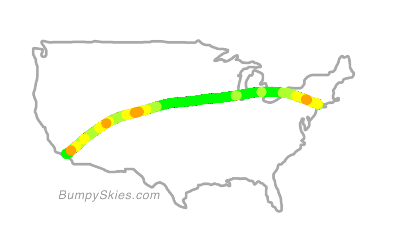 Map of continental US with illustrated flight path and turbulence forecast (described in text below)