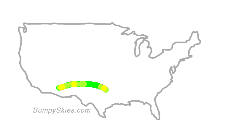 Map of continental US with illustrated flight path and turbulence forecast (described in text below)