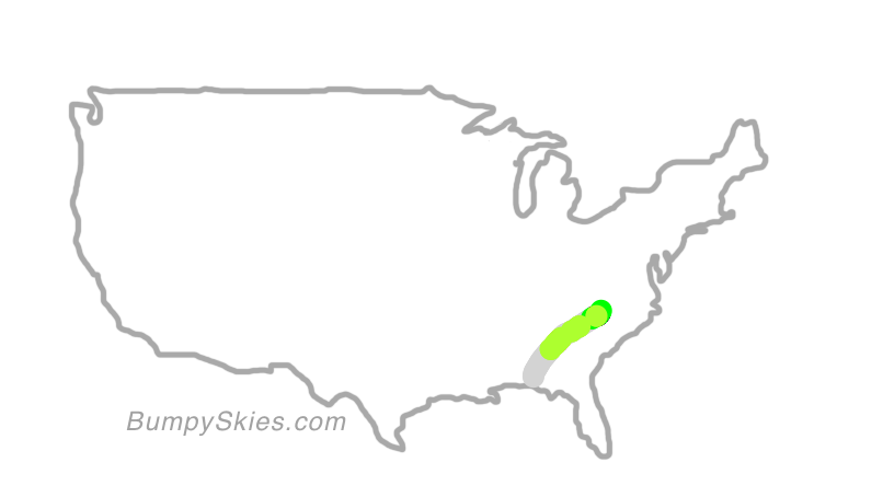 Map of continental US with illustrated flight path and turbulence forecast (described in text below)