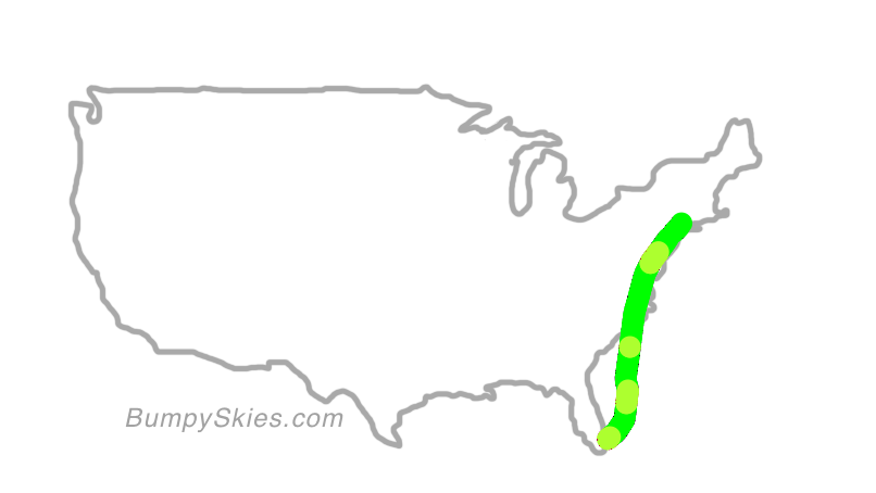 Map of continental US with illustrated flight path and turbulence forecast (described in text below)