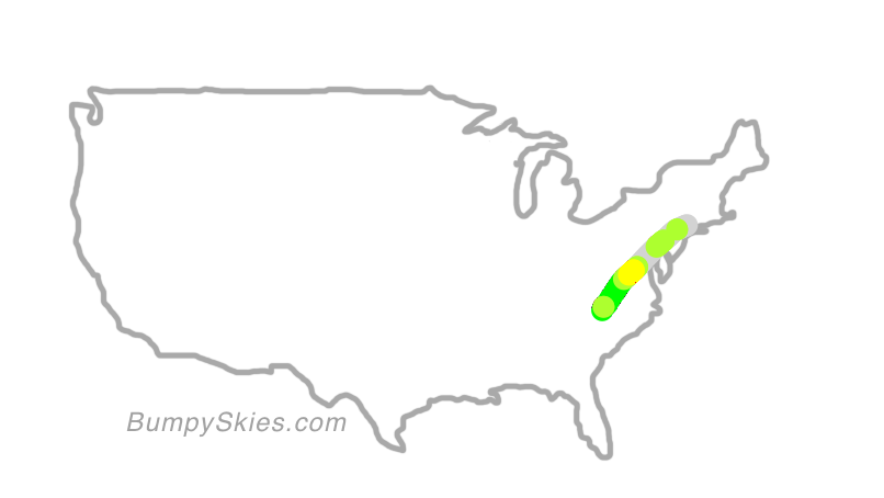 Map of continental US with illustrated flight path and turbulence forecast (described in text below)
