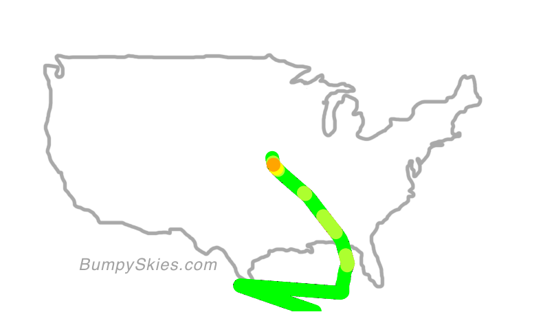 Map of continental US with illustrated flight path and turbulence forecast (described in text below)