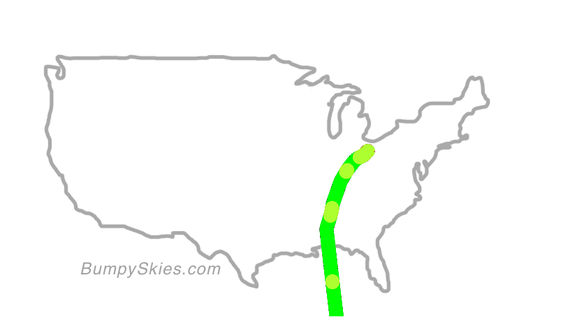 Map of continental US with illustrated flight path and turbulence forecast (described in text below)
